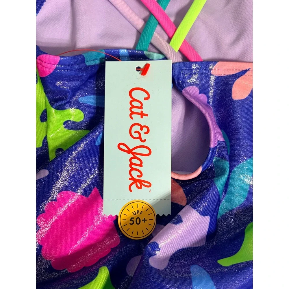 Cat & Jack Shiny Underwater Sea Life UPF50+ 1pc Swim Bathing Suit XS 4/5 NEW NWT